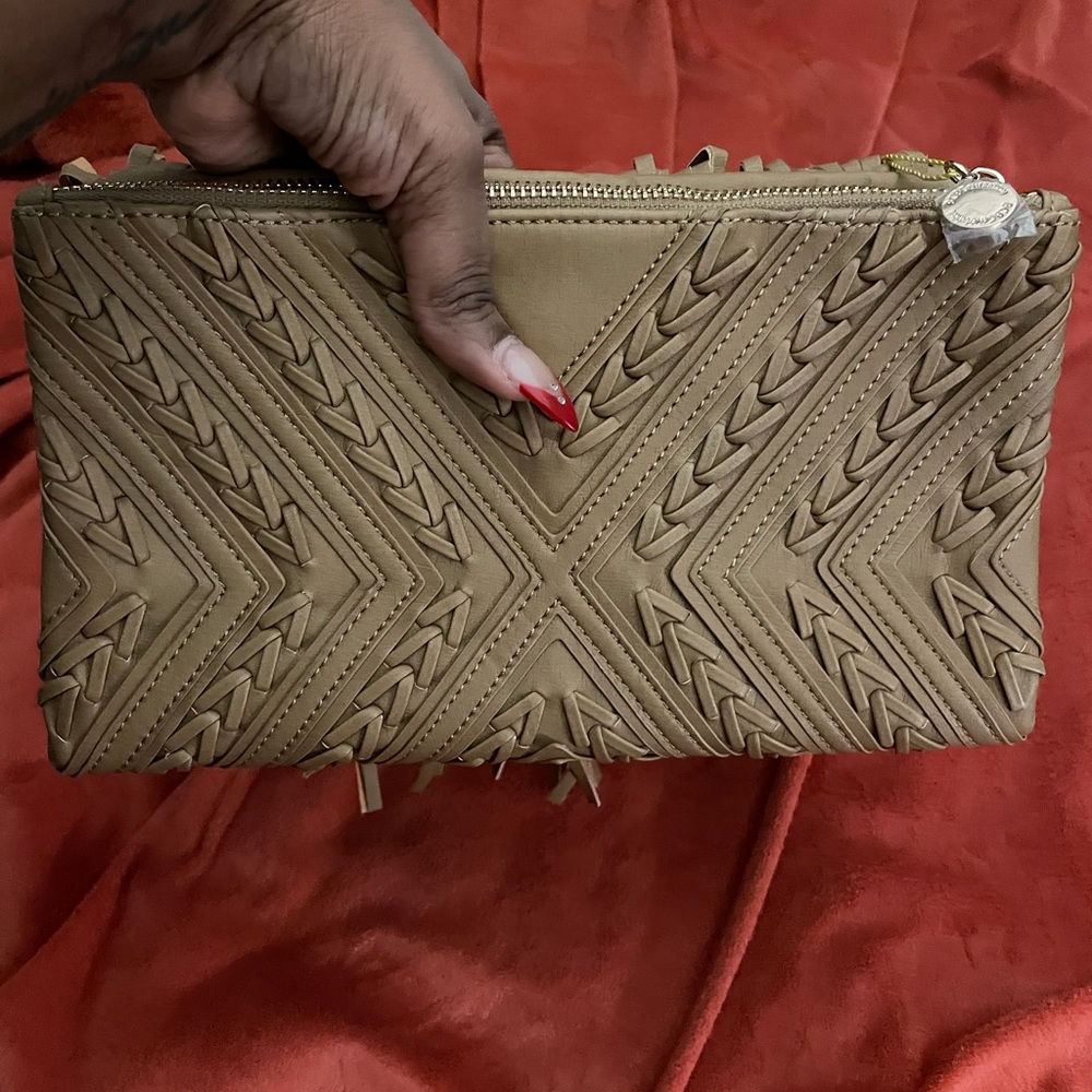 Bcbg tan fringe clutch bag